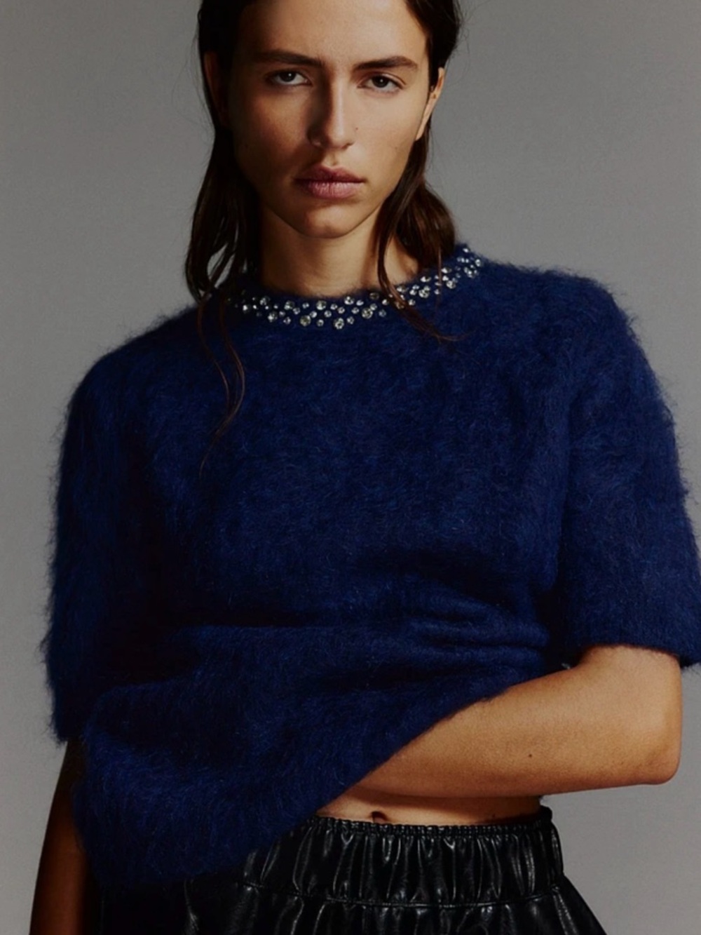 H&M Navy Blue Fuzzy Crew Neck Sweater with Embellished Collar